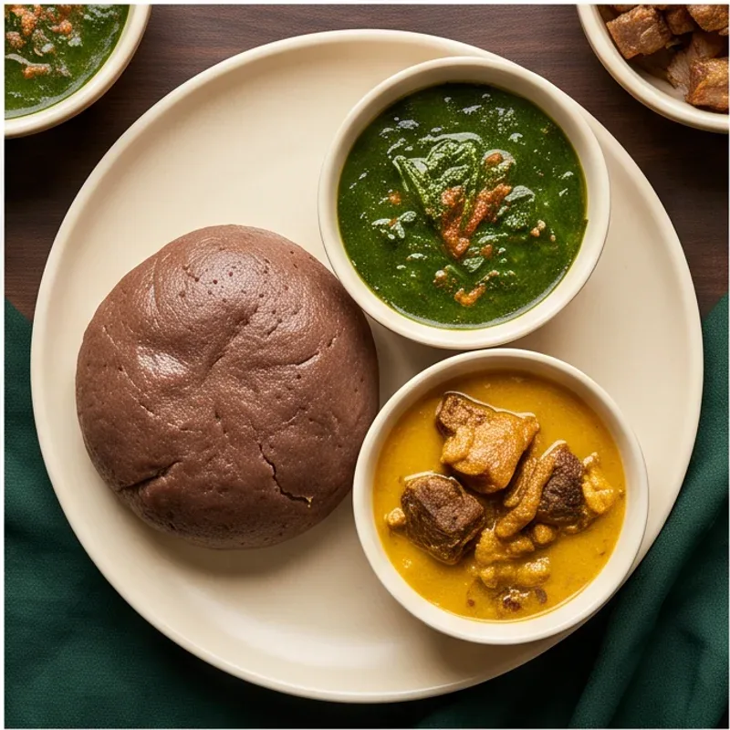 Amala with separate bowls of Ewedu and Gbegiri with meat — illustrative menu inspiration