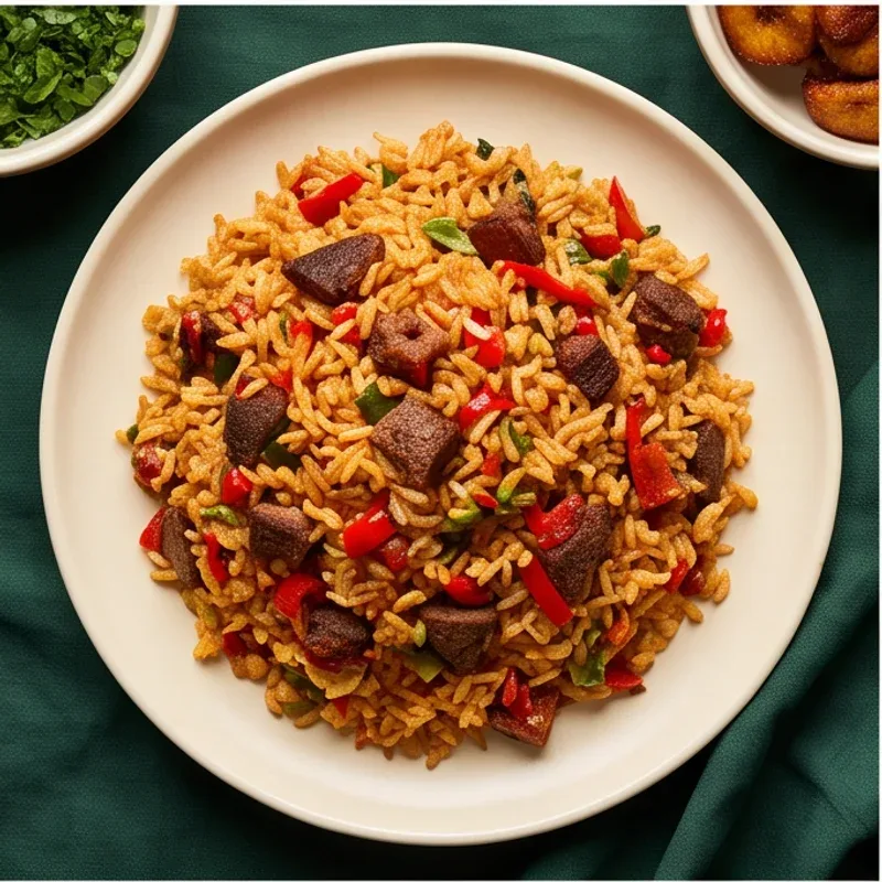 Fried rice with grilled meat and colourful peppers — menu inspiration