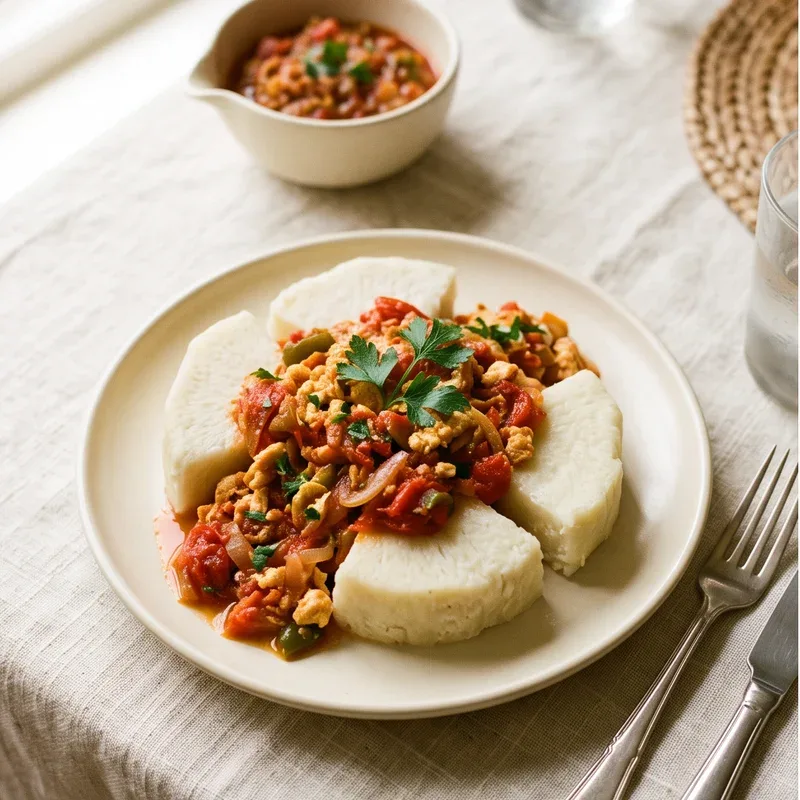 Boiled yam topped with tomato, pepper and egg sauce — illustrative menu inspiration