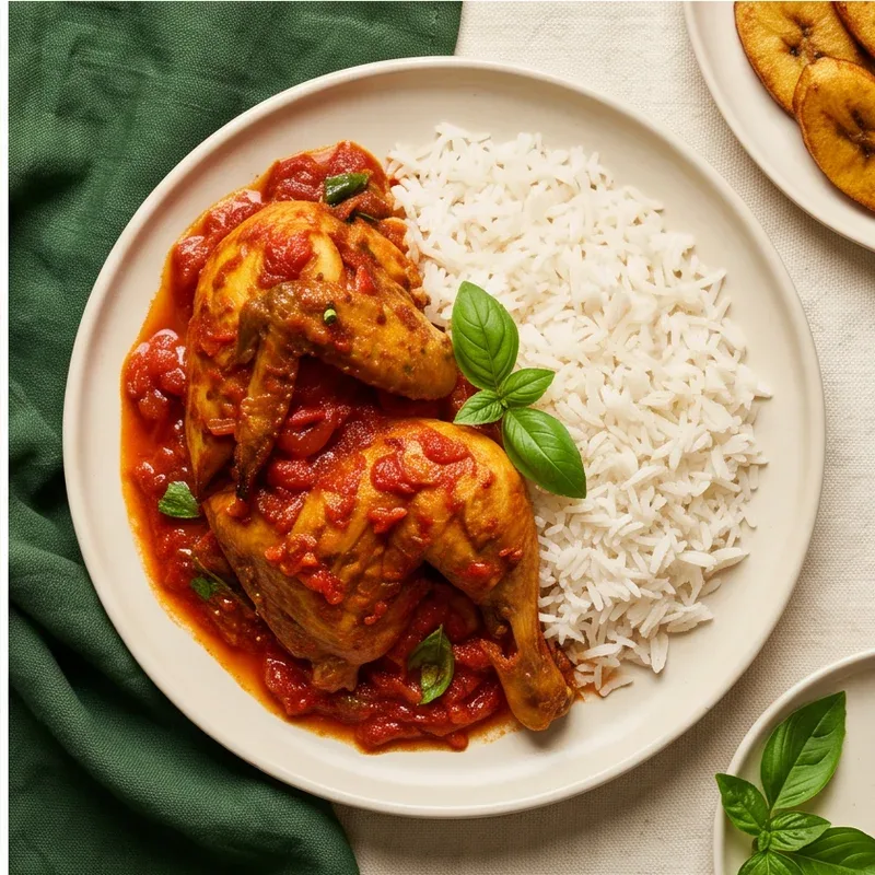 Chicken stewed in rich red sauce beside a serving of white rice — illustrative menu inspiration