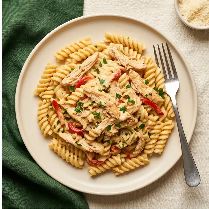 Creamy spiral pasta with shredded chicken, herbs and peppers — illustrative menu inspiration