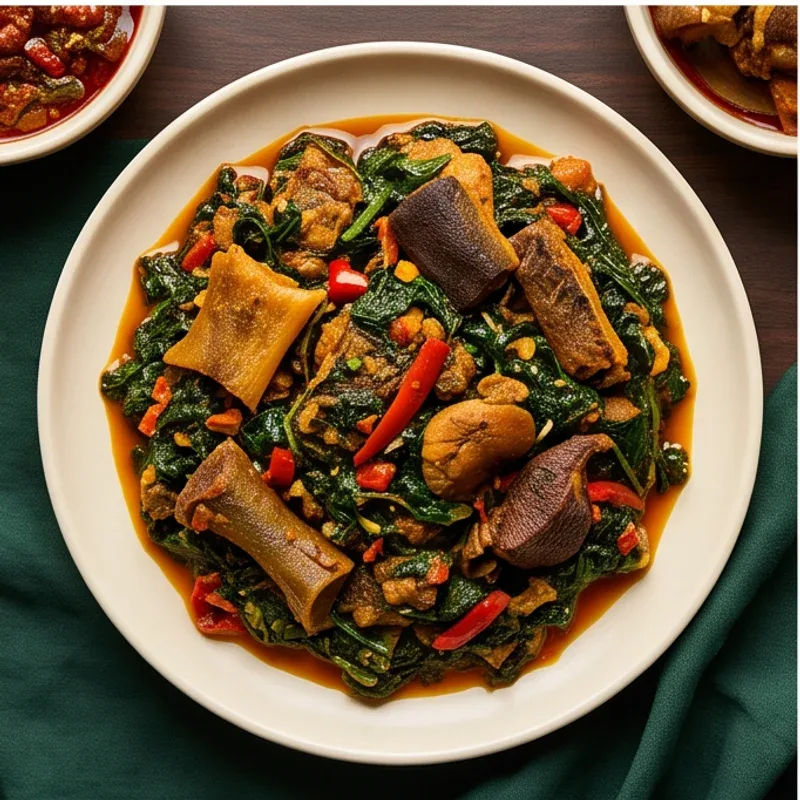 Efo riro with Nigerian accompaniments — illustrative menu photography
