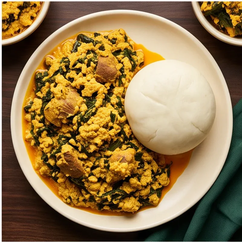 Rich Egusi soup with leafy greens and meat, served with pounded yam — illustrative menu photography