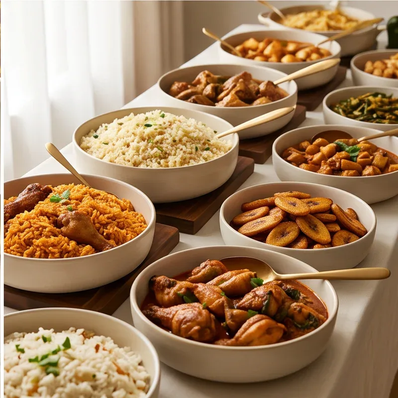 Illustrative beautifully plated Nigerian jollof rice and grilled chicken