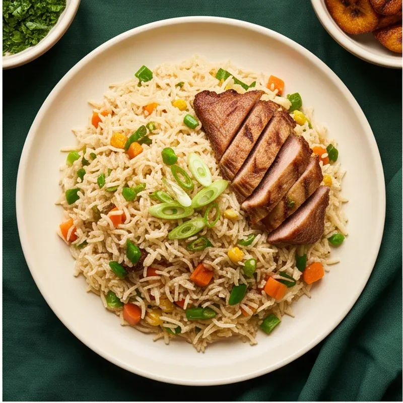 Vegetable fried rice with sliced grilled protein — menu inspiration