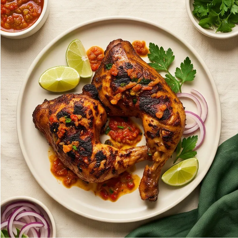 Chargrilled chicken portions with lime and herbs on an ivory plate — illustrative menu inspiration