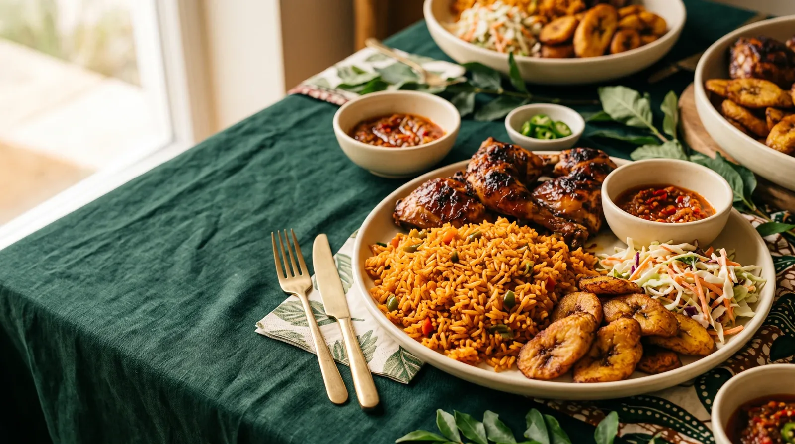 Illustrative Nigerian food spread of jollof rice, grilled chicken, fried plantain and beautifully presented sides