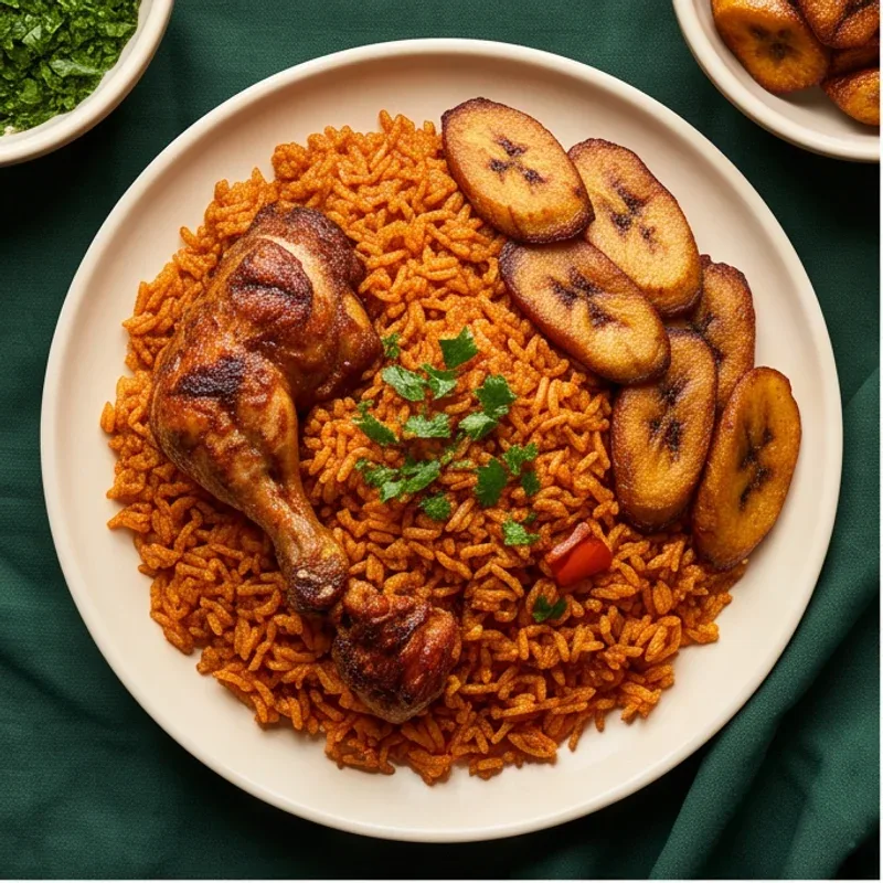 Jollof rice with chicken and golden plantain — menu inspiration