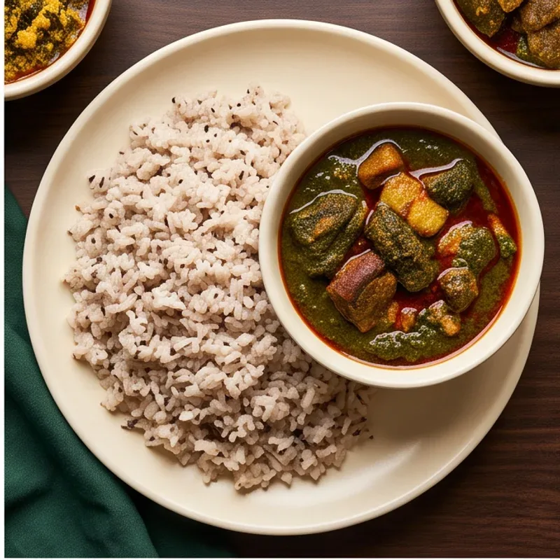 Ofada rice beside a bowl of green Ayamase sauce with meat — illustrative menu photography