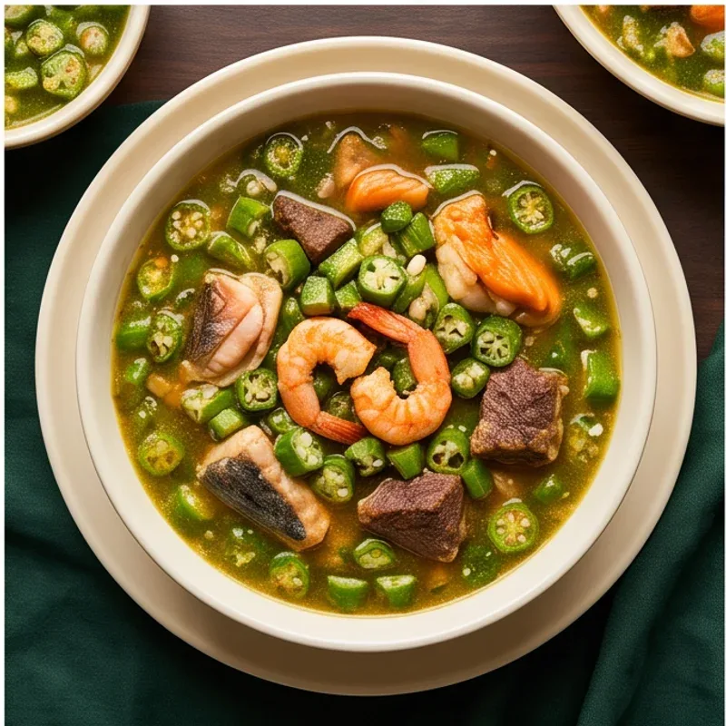 Okro soup with sliced okra, prawns and meat in a cream bowl — illustrative menu inspiration