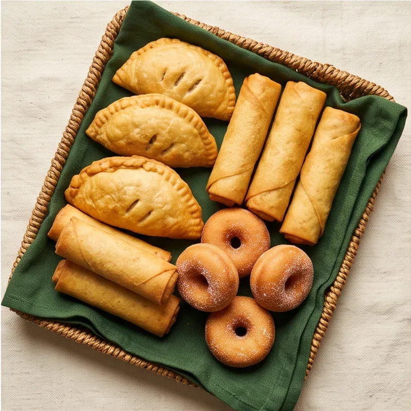 Meat pies, spring rolls, an egg roll and doughnuts on a woven platter — illustrative menu inspiration