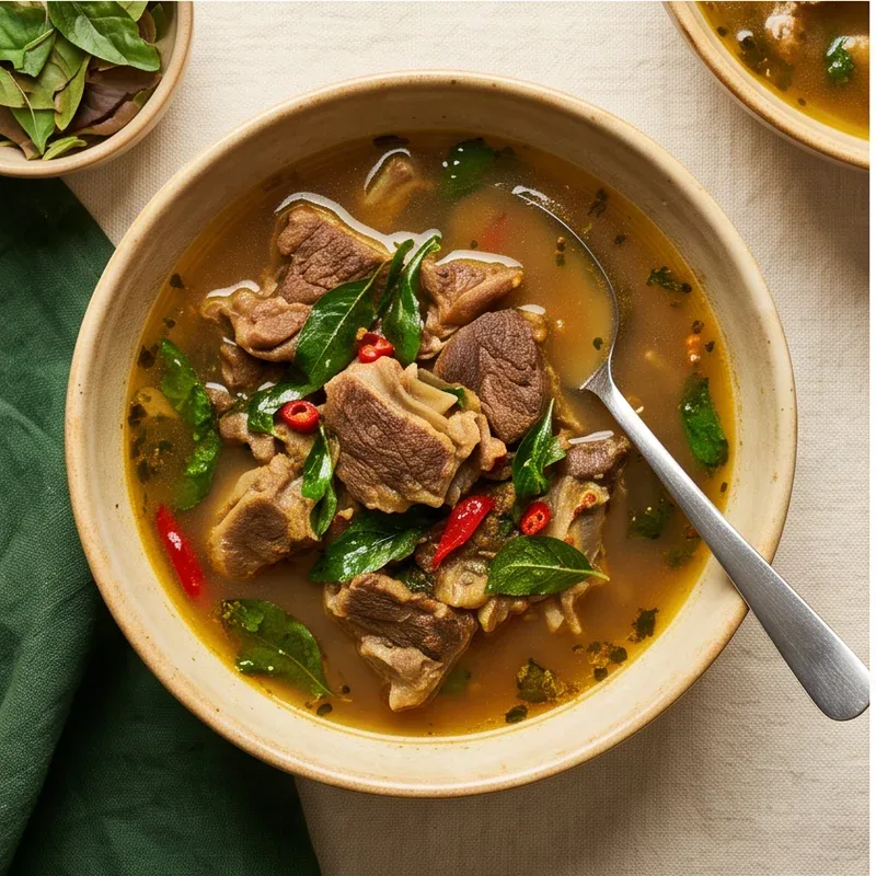 Nigerian pepper soup with pieces of meat and fresh herbs in a ceramic bowl — illustrative menu inspiration