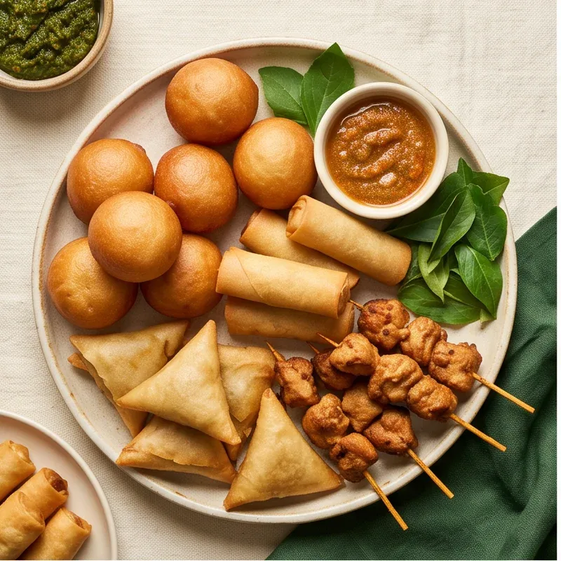 Golden spring rolls, samosas, puff-puff and skewered protein with dipping sauce — illustrative menu photography